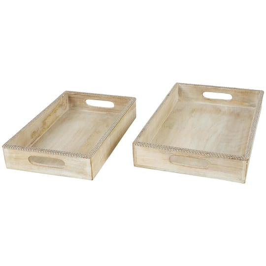 Light Brown Mango Wood Trays with Silver Beaded Rim, 2ct.